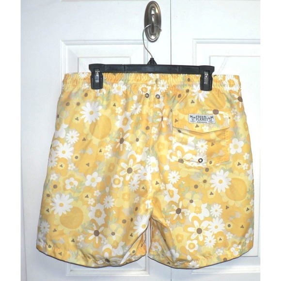 Free Planet Men's Elastic Waist Drawcord Floral Print Swim Trunks Yellow Large - Picture 4 of 9